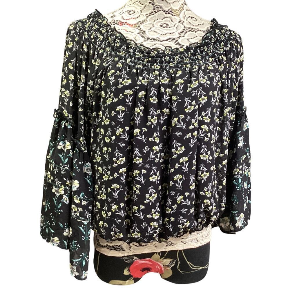 Free People Women's Black Rose Valley Off The Shoulder Bell Sleeve Crop Blouse M